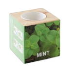 Vaso personalizado com sementes de menta na caixa EcoMint cor madeira