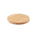 Carregador sem fio circular de bambu com pequeno led azul Natura cor madeira