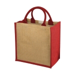 Saco de tote de juta com alças de cordão de algodão Jute Side cor vermelho