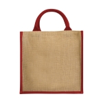 Saco de tote de juta com alças de cordão de algodão Jute Side cor vermelho segunda vista frontal