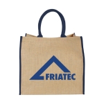 Saco tote de juta com fecho de velcro e alças duplas Jute Edge cor azul segunda vista impressão serigrafia