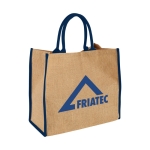 Saco tote de juta com fecho de velcro e alças duplas Jute Edge cor azul vista impressão serigrafia