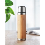 Termos promocionais de aço com exterior de bambu 400ml Bamboo cor madeira vista conjunto