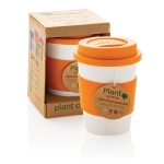 Copo takeaway biodegradável apto para lava-louça de 350ml Latte cor cor-de-laranja vista com caixa