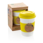 Copo takeaway biodegradável apto para lava-louça de 350ml Latte cor verde-lima vista com caixa