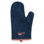 Luva de forno acolchoada personalizada com faixa castanha cor azul vista com logo