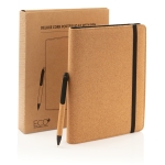 Portefólios com capa de cortiça, caderno, caneta e bolsos A5 Cork Style cor marfim vista com caixa