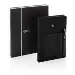 Conjunto de caderno com diversos compartimentos e caneta Refillable cor preto vista com caixa