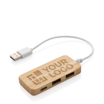 Hub USB 2.0 com porta tipo C em bambu e cabo com o logotipo cor castanho vista principal