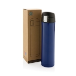 Termo de aço inoxidável com tampa de fecho seguro 450ml Exclusivo cor azul vista com caixa