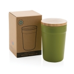 Copos térmicos de plástico reciclado com tampa de bambu 300ml EcoBrew cor verde-escuro vista com caixa