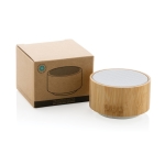 Coluna Bluetooth sem fios redonda de bambu EcoBamboo cor branco vista com caixa