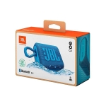 Coluna de som bluetooth personalizada reciclada JBL GO 3 Eco cor azul vista com caixa