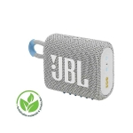 Coluna de som bluetooth personalizada reciclada JBL GO 3 Eco cor cinzento vista com informação ecológica