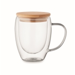 Caneca de vidro de borossilicato de parede dupla com tampa de bambu 300ml cor transparente