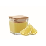 Vela em recipiente de vidro com tampa de bambu de diferentes aromas 50g cor amarelo quinta vista