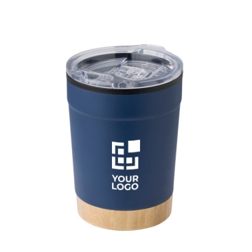 Caneca aço inoxidável, base de bambu e tampa pressão 300 ml