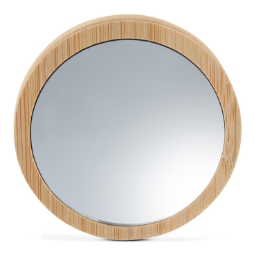 Espelho circular compacto ideal para viagens feito de bambu