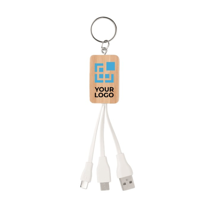 Porta-chaves de madeira com logo e cabos USB BambooTech vista principal