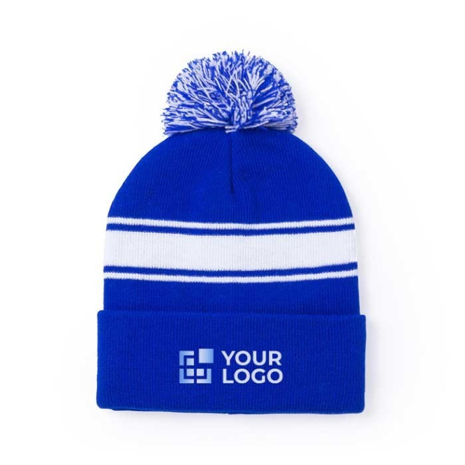 Gorro de inverno personalizado com pompom e detalhe branco PomPom cor azul primeira vista