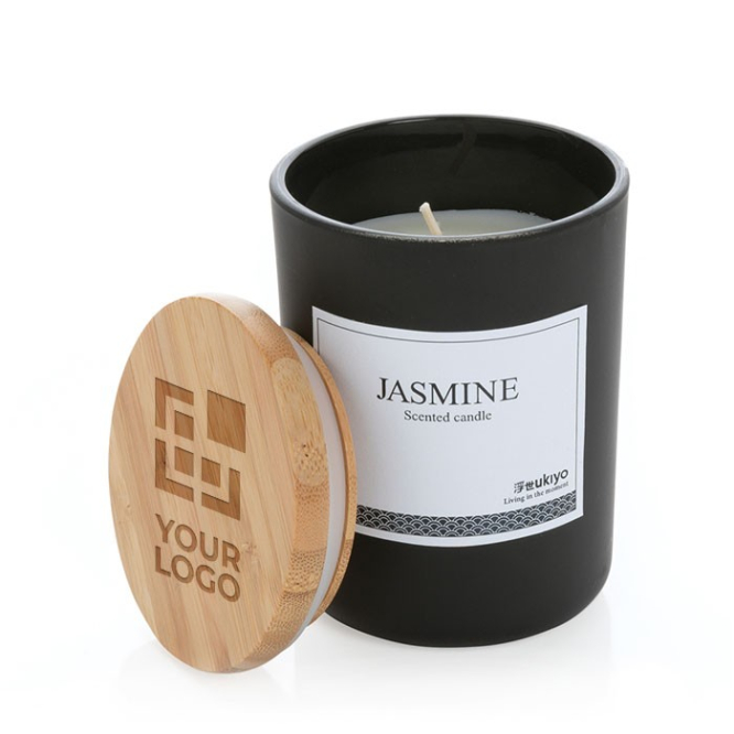 Vela perfumada de aroma subtil com tampa de bambu e logótipo Jasmine cor branco