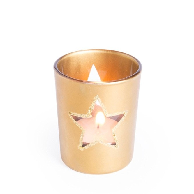 Vela de Natal de vidro com desenho de estrela Christmas Star cor dourado primeira vista