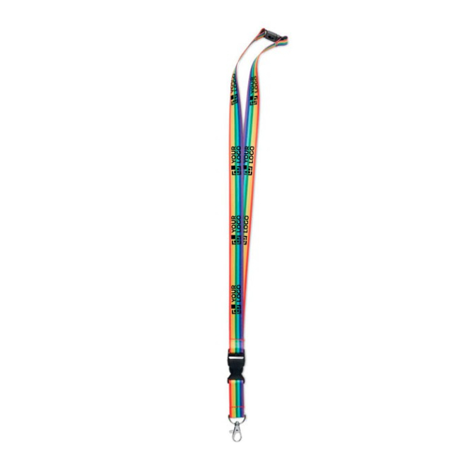 Lanyard de rPET arco-íris com fivela e fecho de segurança Rainbow vista principal