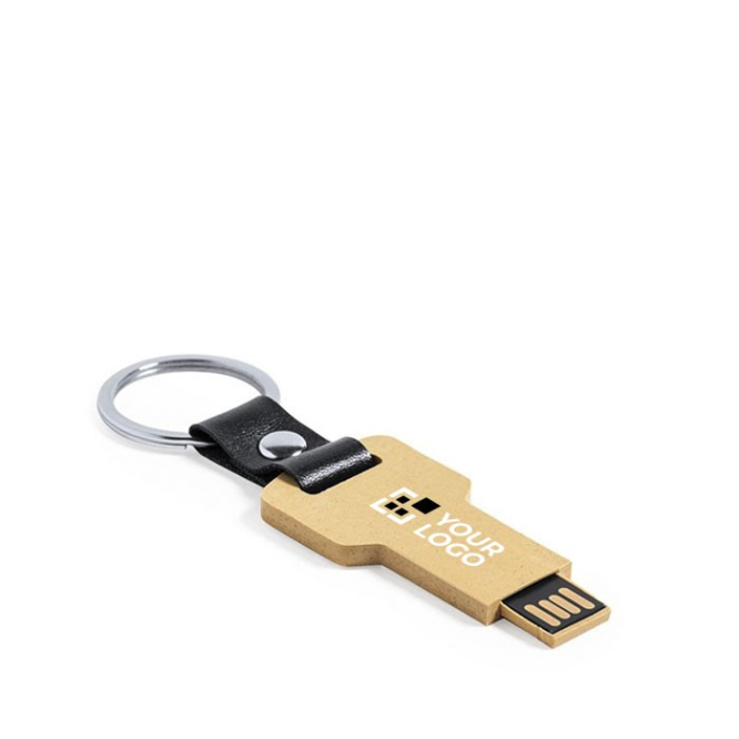 Pen USB personalizada ecológica em forma de chave e porta-chaves Key cor natural