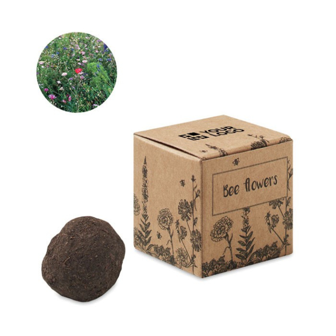 Kit de cultivo de sementes de flores para abelhas apresentado em caixa cor bege vista principal