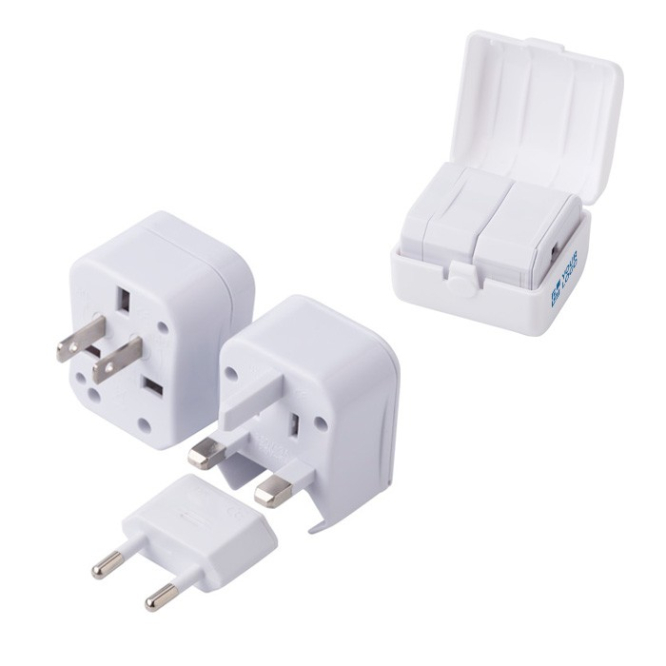 Adaptador de viagem universal apresentado em caixa vista principal